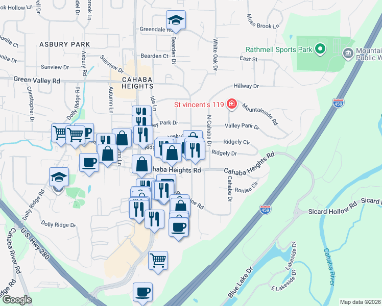 map of restaurants, bars, coffee shops, grocery stores, and more near 4064 West Green Valley Road in Vestavia Hills