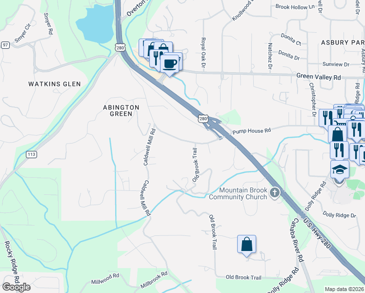 map of restaurants, bars, coffee shops, grocery stores, and more near 2824 Pump House Road in Mountain Brook