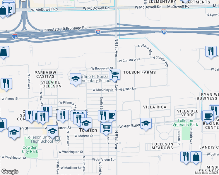 map of restaurants, bars, coffee shops, grocery stores, and more near 9104 West Garfield Street in Tolleson