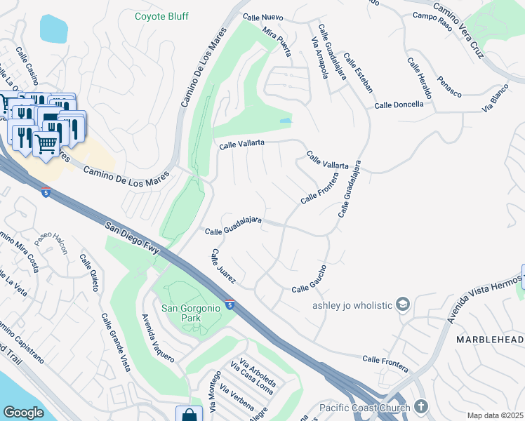 map of restaurants, bars, coffee shops, grocery stores, and more near 621 Calle Hidalgo in San Clemente