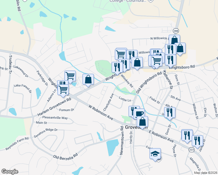map of restaurants, bars, coffee shops, grocery stores, and more near 5190 Wrightsboro Road in Grovetown