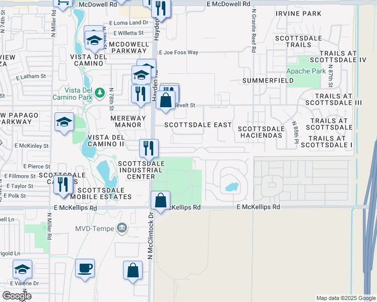 map of restaurants, bars, coffee shops, grocery stores, and more near 601 Hayden Road in Scottsdale