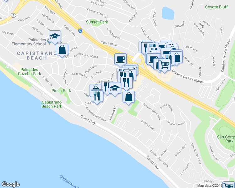 map of restaurants, bars, coffee shops, grocery stores, and more near 27002 Camino De Estrella in Capistrano Beach