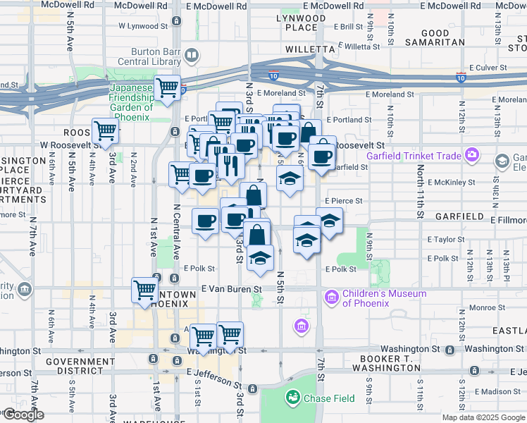 map of restaurants, bars, coffee shops, grocery stores, and more near 712 North 5th Street in Phoenix