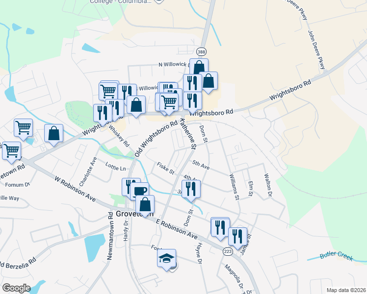 map of restaurants, bars, coffee shops, grocery stores, and more near 603 Katherine Street in Grovetown