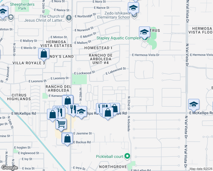 map of restaurants, bars, coffee shops, grocery stores, and more near 2964 East Leonora Circle in Mesa