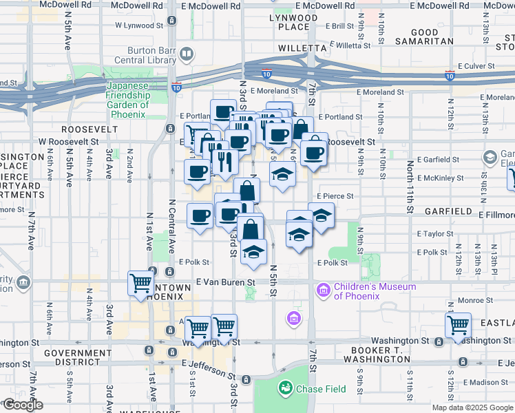 map of restaurants, bars, coffee shops, grocery stores, and more near 712 North 5th Street in Phoenix