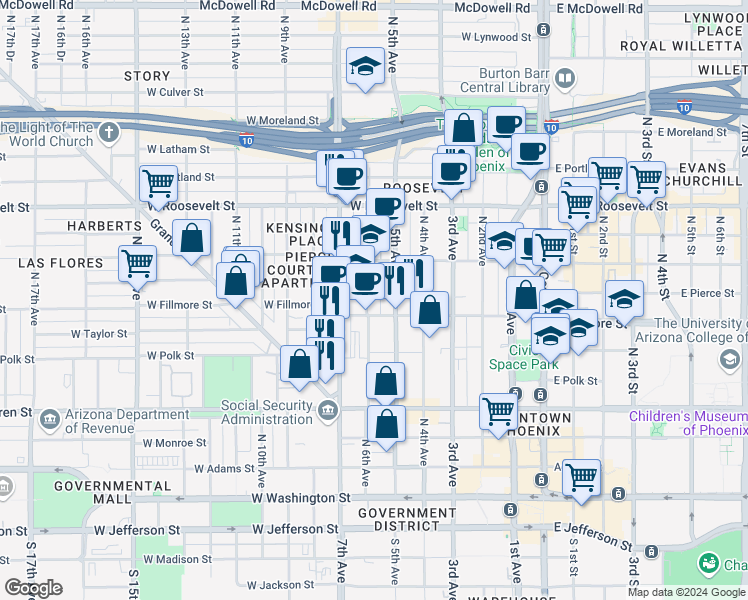 map of restaurants, bars, coffee shops, grocery stores, and more near 634 North 6th Avenue in Phoenix