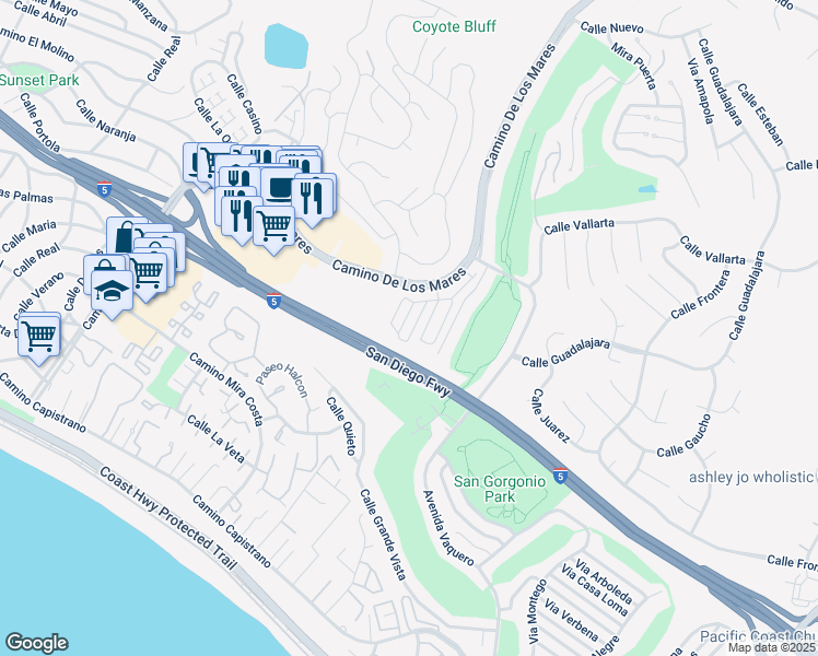 map of restaurants, bars, coffee shops, grocery stores, and more near 609 Calle Canasta in San Clemente