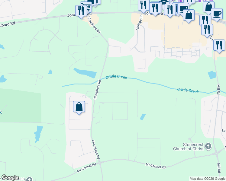map of restaurants, bars, coffee shops, grocery stores, and more near 119 Telfair Lane in McDonough