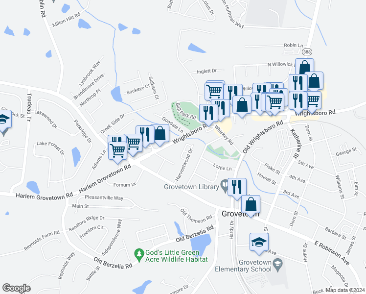 map of restaurants, bars, coffee shops, grocery stores, and more near 317 Hazelnut Drive in Grovetown