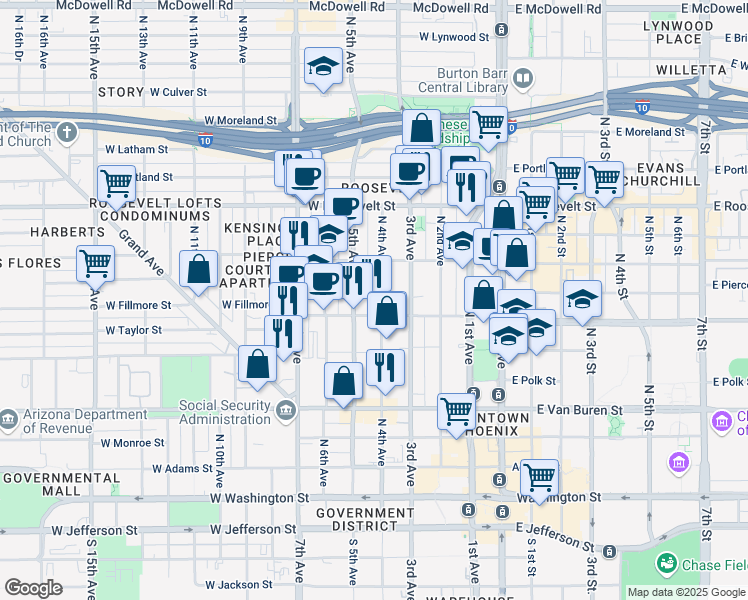 map of restaurants, bars, coffee shops, grocery stores, and more near 614 North 4th Avenue in Phoenix