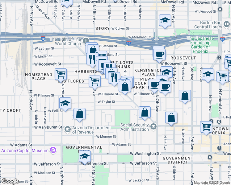 map of restaurants, bars, coffee shops, grocery stores, and more near 1213w West Pierce Street in Phoenix