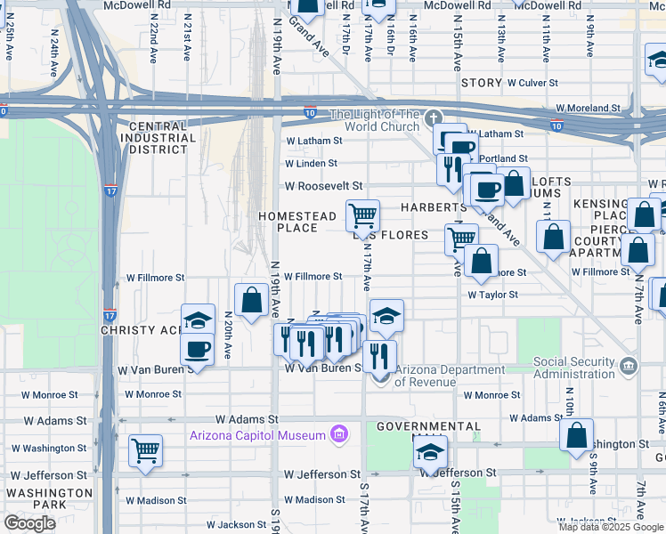 map of restaurants, bars, coffee shops, grocery stores, and more near 733 North 19th Avenue in Phoenix