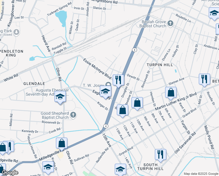 map of restaurants, bars, coffee shops, grocery stores, and more near 1701 15th Street in Augusta