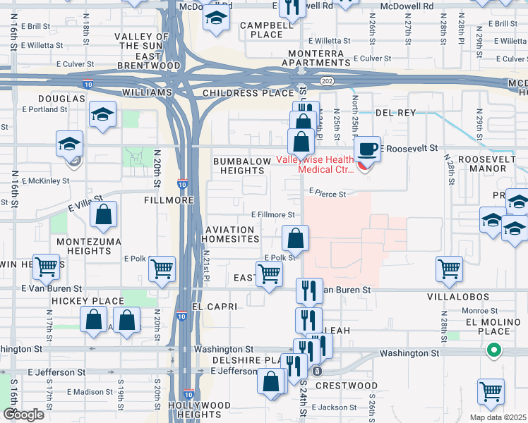 map of restaurants, bars, coffee shops, grocery stores, and more near 2308 East Fillmore Street in Phoenix
