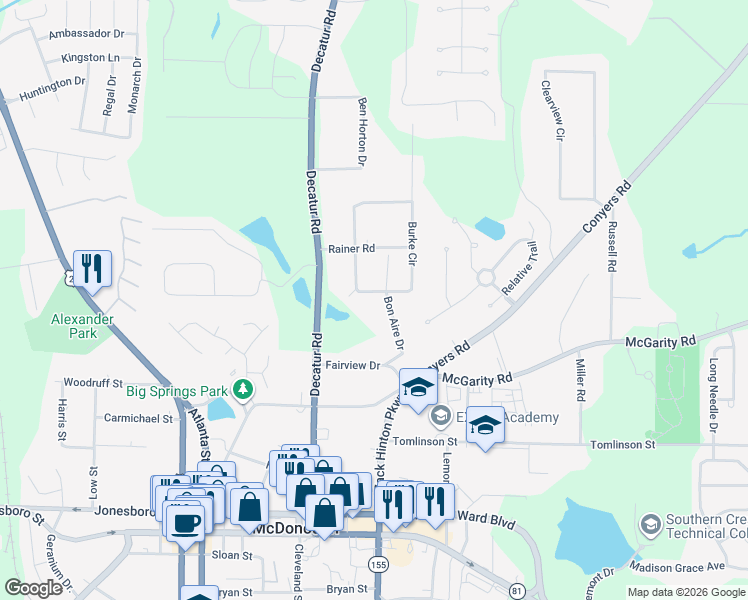 map of restaurants, bars, coffee shops, grocery stores, and more near 297 Burke Circle in McDonough