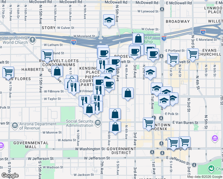 map of restaurants, bars, coffee shops, grocery stores, and more near 634 North 6th Avenue in Phoenix