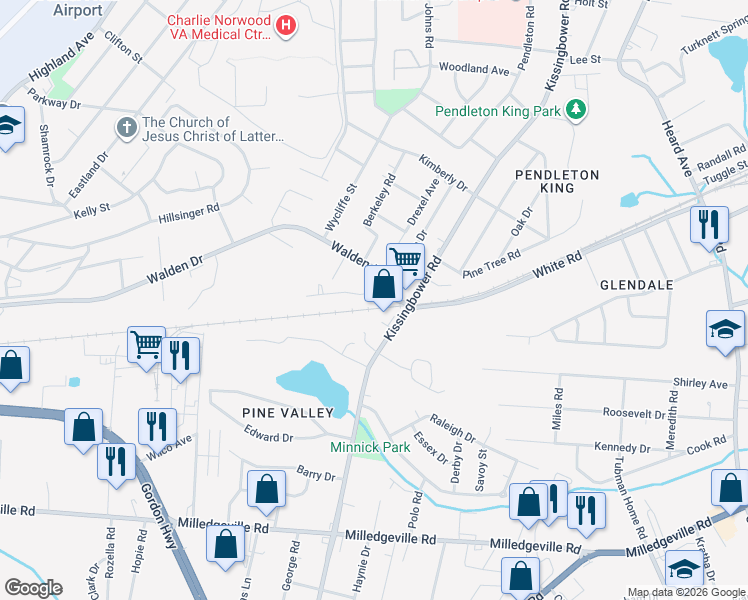 map of restaurants, bars, coffee shops, grocery stores, and more near 2207 Birnam Place in Augusta