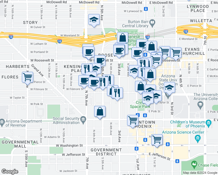 map of restaurants, bars, coffee shops, grocery stores, and more near 614 North 4th Avenue in Phoenix