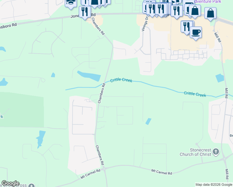 map of restaurants, bars, coffee shops, grocery stores, and more near 119 Telfair Lane in McDonough