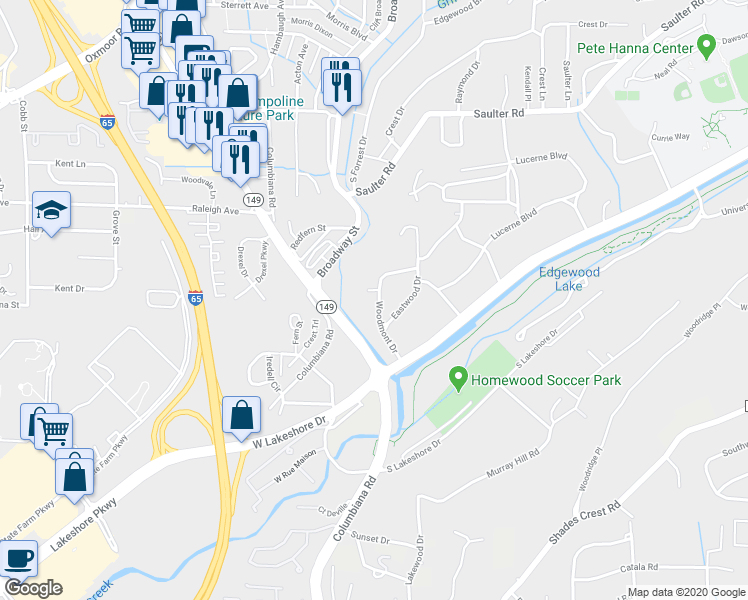map of restaurants, bars, coffee shops, grocery stores, and more near 132 Woodmont Drive in Birmingham