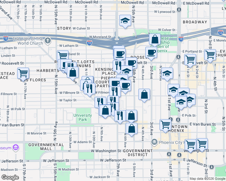 map of restaurants, bars, coffee shops, grocery stores, and more near 702 North 7th Avenue in Phoenix