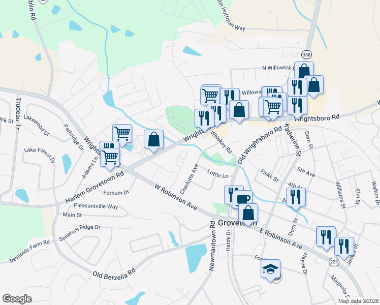 map of restaurants, bars, coffee shops, grocery stores, and more near 5190 Wrightsboro Road in Grovetown