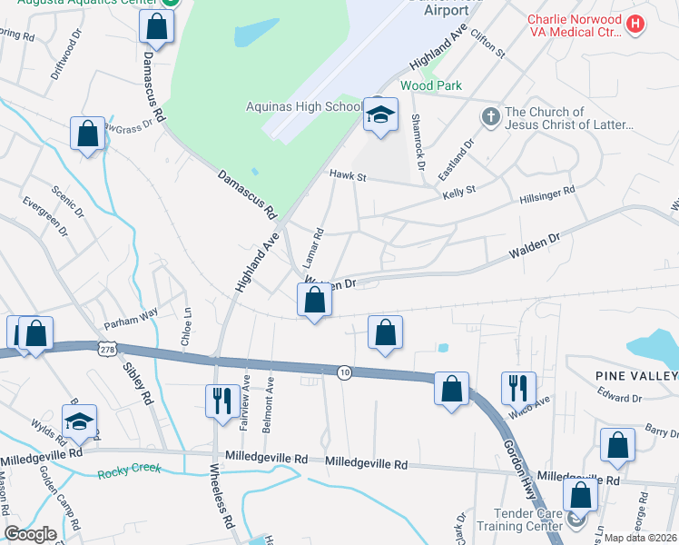map of restaurants, bars, coffee shops, grocery stores, and more near 1711 Kentucky Avenue in Augusta