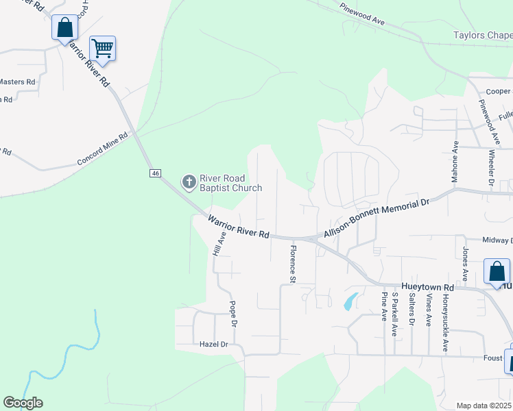 map of restaurants, bars, coffee shops, grocery stores, and more near 130 Pinecrest Road in Bessemer