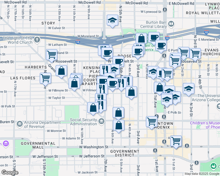 map of restaurants, bars, coffee shops, grocery stores, and more near 619 North 7th Avenue in Phoenix