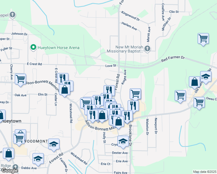map of restaurants, bars, coffee shops, grocery stores, and more near 801 Overlook Circle in Hueytown