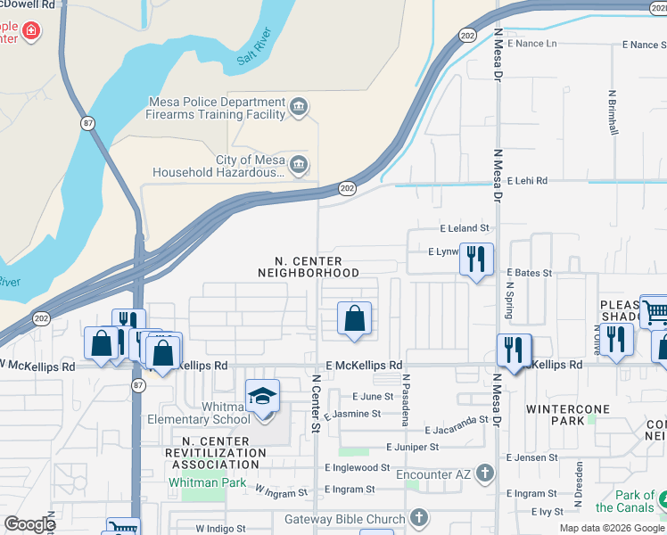 map of restaurants, bars, coffee shops, grocery stores, and more near 2235 North Center Street in Mesa