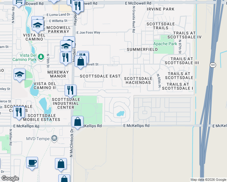 map of restaurants, bars, coffee shops, grocery stores, and more near 8221 East Garfield Street in Scottsdale