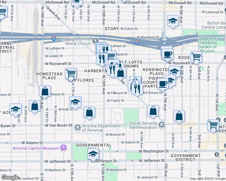 map of restaurants, bars, coffee shops, grocery stores, and more near 1257 West Pierce Street in Phoenix