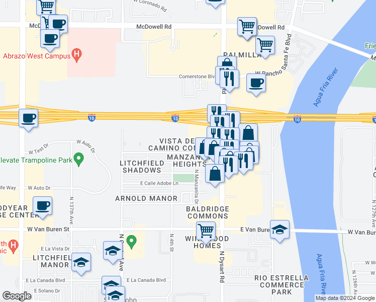 map of restaurants, bars, coffee shops, grocery stores, and more near 1701 North Palo Verde Drive in Goodyear
