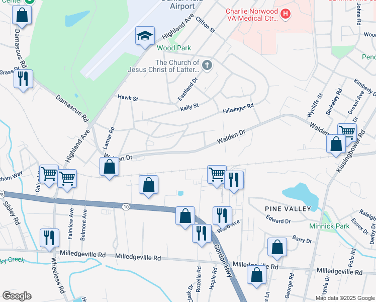 map of restaurants, bars, coffee shops, grocery stores, and more near 2403 Caldwell Drive in Augusta