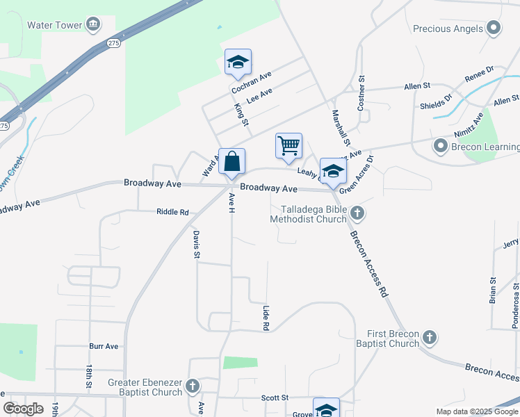 map of restaurants, bars, coffee shops, grocery stores, and more near 36 Broadleaf Drive in Talladega