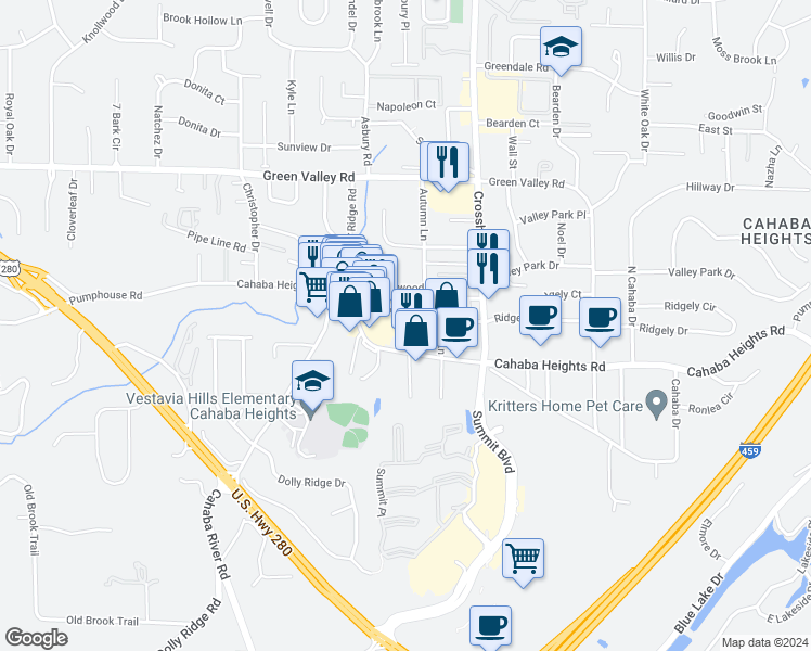 map of restaurants, bars, coffee shops, grocery stores, and more near in Vestavia Hills