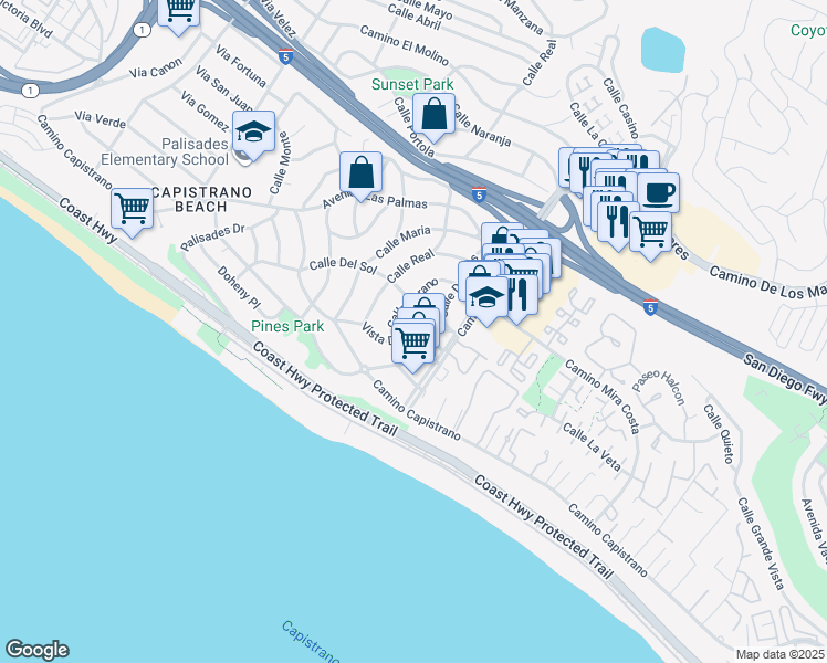 map of restaurants, bars, coffee shops, grocery stores, and more near 26891 Vista Del Mar in Dana Point