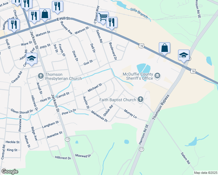 map of restaurants, bars, coffee shops, grocery stores, and more near 500 Michael Street in Thomson