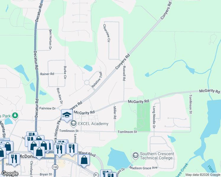 map of restaurants, bars, coffee shops, grocery stores, and more near 121 Russell Circle in McDonough
