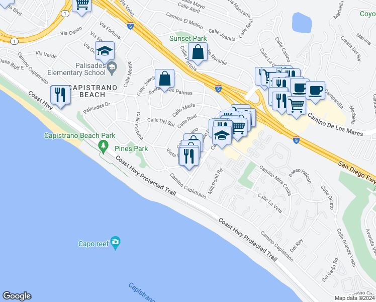map of restaurants, bars, coffee shops, grocery stores, and more near 26891 Vista Del Mar in Dana Point