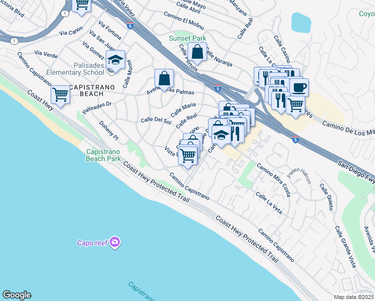map of restaurants, bars, coffee shops, grocery stores, and more near 26853 Calle Verano in Dana Point