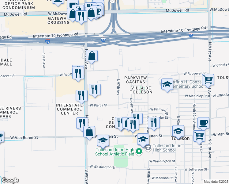 map of restaurants, bars, coffee shops, grocery stores, and more near 802 North 97th Avenue in Tolleson