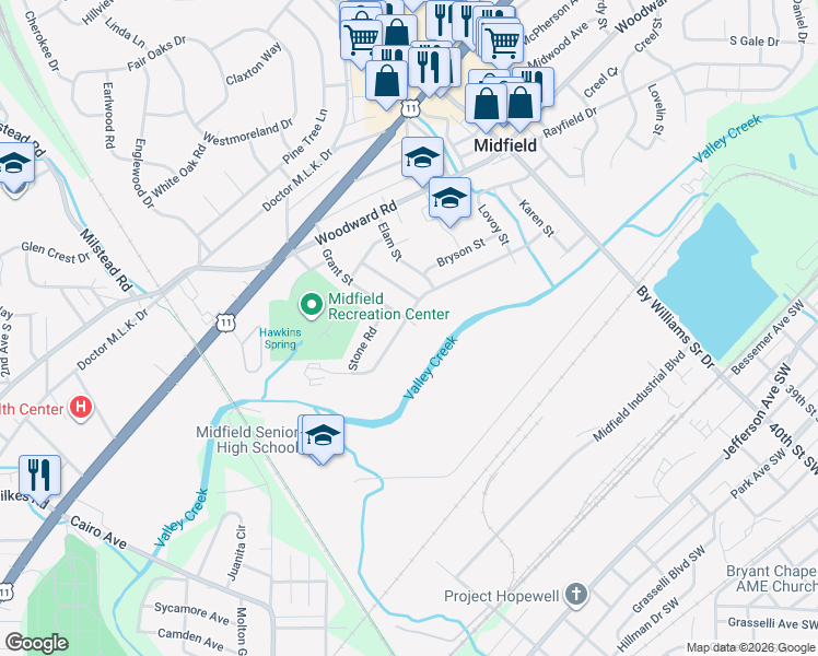 map of restaurants, bars, coffee shops, grocery stores, and more near 537 Grant Street in Birmingham