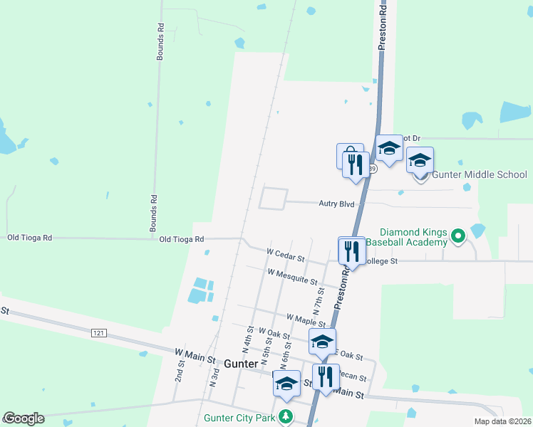 map of restaurants, bars, coffee shops, grocery stores, and more near 506 Harris Street in Gunter