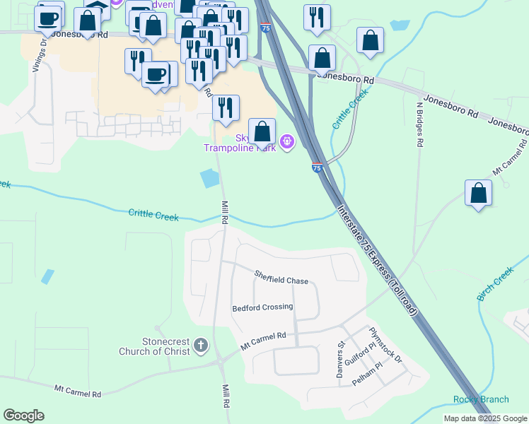 map of restaurants, bars, coffee shops, grocery stores, and more near 243 Mill Road in McDonough
