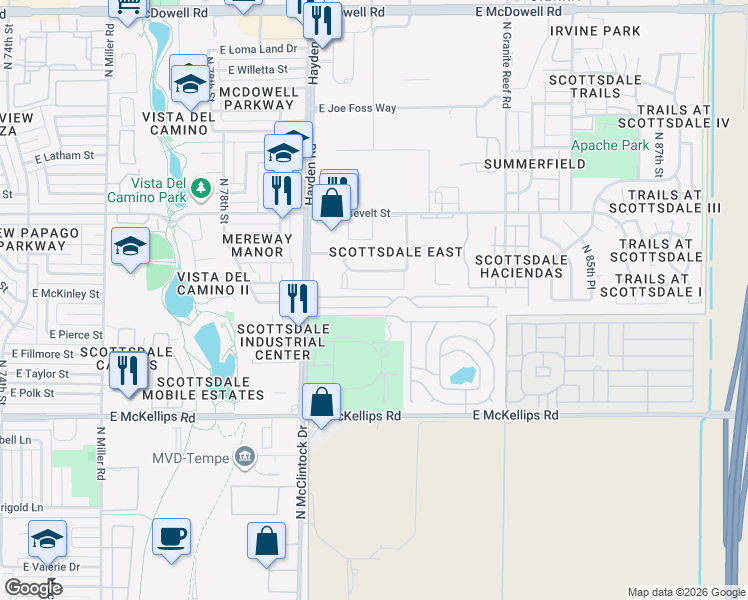 map of restaurants, bars, coffee shops, grocery stores, and more near 8151 East Garfield Street in Scottsdale
