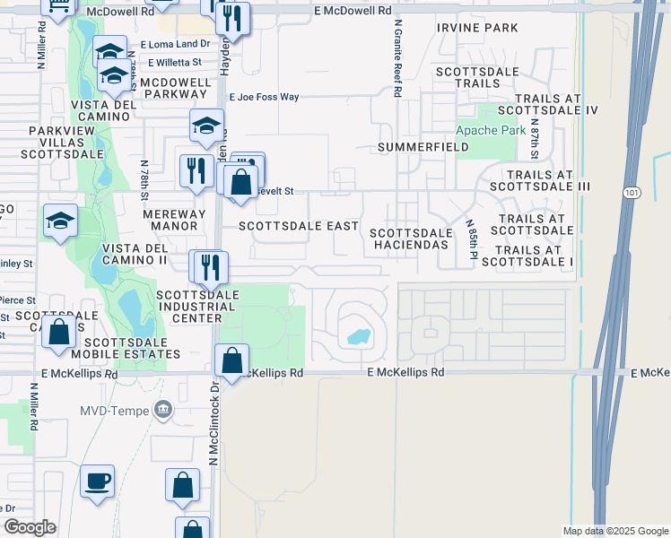 map of restaurants, bars, coffee shops, grocery stores, and more near 601 Hayden Road in Scottsdale